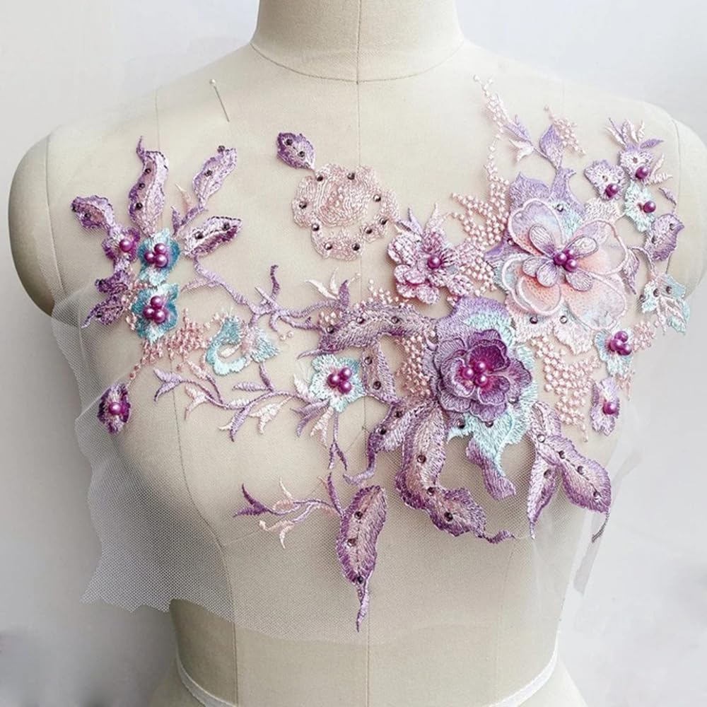 S.A.V.I 3D Floral Embroidered Applique Patch | Purple, Lavender Mint Green Mesh Lace | 36x25 cm | DIY Bridal, Ethnic Wear, Lehenga, Saree, Blouse, Gown Craft Sewing | Lace Fabric Decoration Accessory