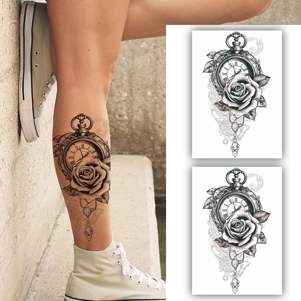 S.A.V.I 2PCS Vintage Pocket Watch Tattoo Stickers - 22x15cm Artistic Rose Jewel Design for Men Women