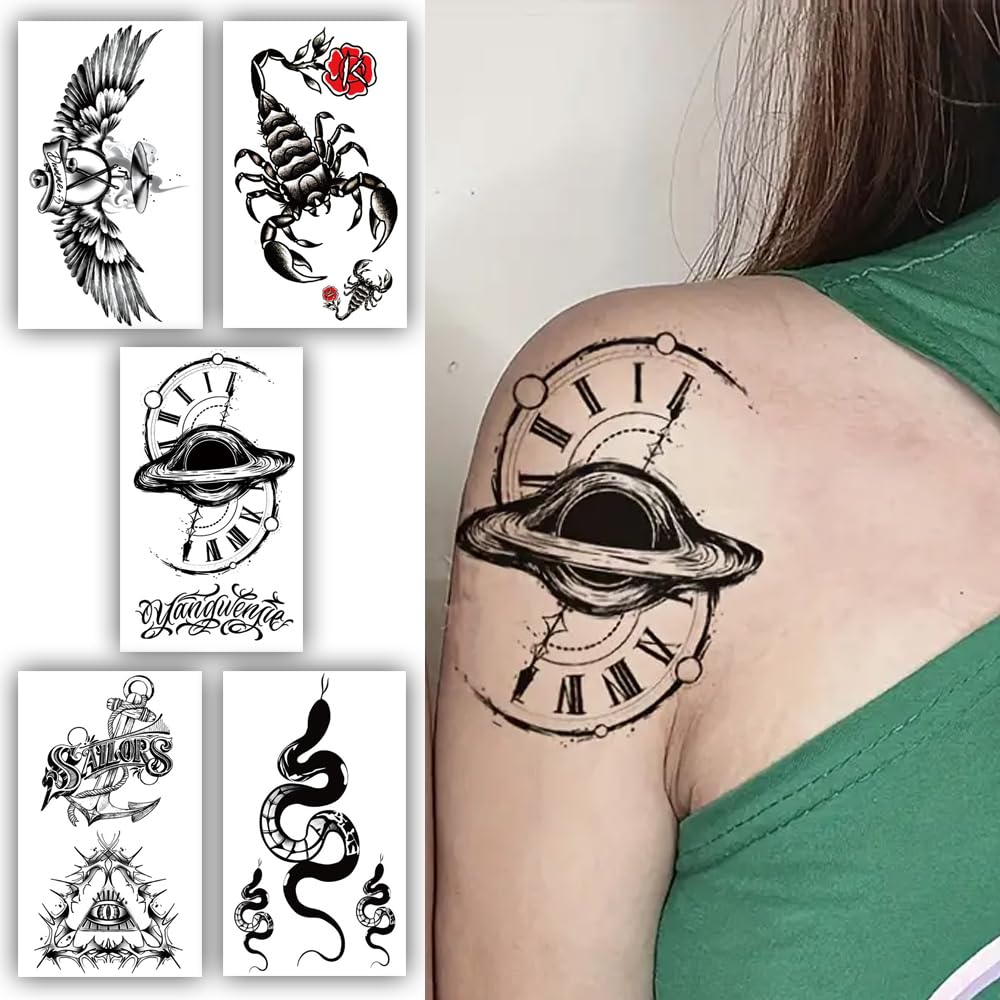 S.A.V.I 5 Sheets Temporary Tattoos for Men Women | Waterproof, Long-Lasting Body Art | Scorpion, Snake, Nautical Vintage Designs | 10.5x6cm | Perfect for Parties Festivals