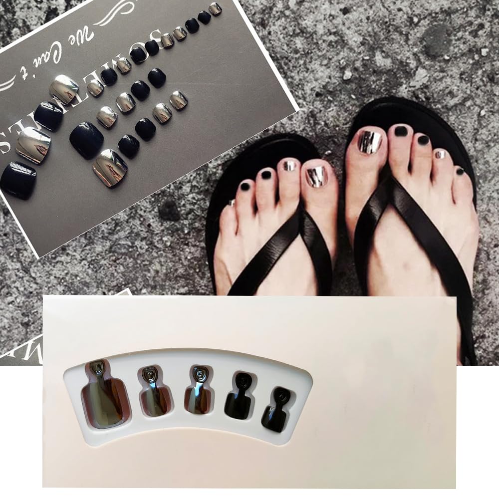 S.A.V.I 24 Pcs Black Chrome Press-On Toe Nails - False Pedicure Nails, Easy At-Home Application