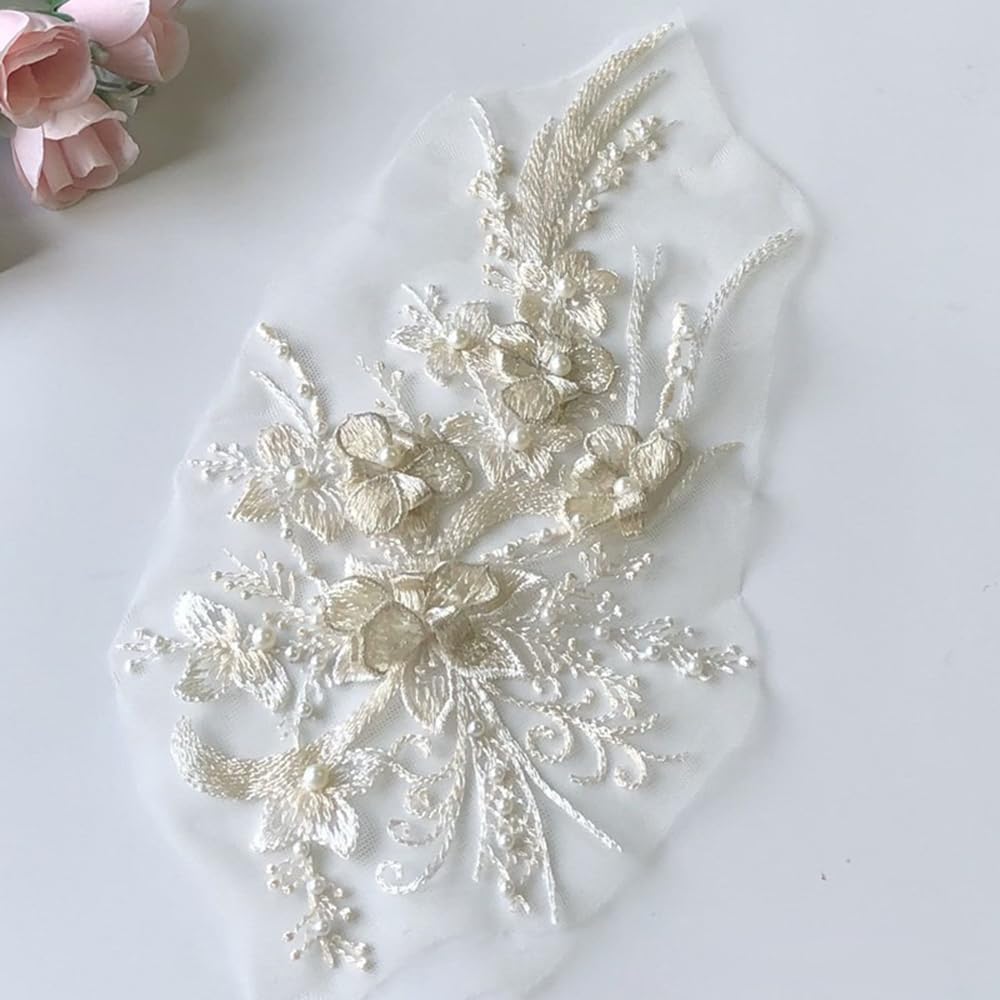 S.A.V.I Off White 3D Floral Embroidered Applique Patch | 12x6 Inch Sew-On Mesh Lace Fabric with Pearls for Bridal Blouse, Lehenga, Saree, Gown, Dress DIY Craft Sewing | Wedding Ethnic Wear Accessory
