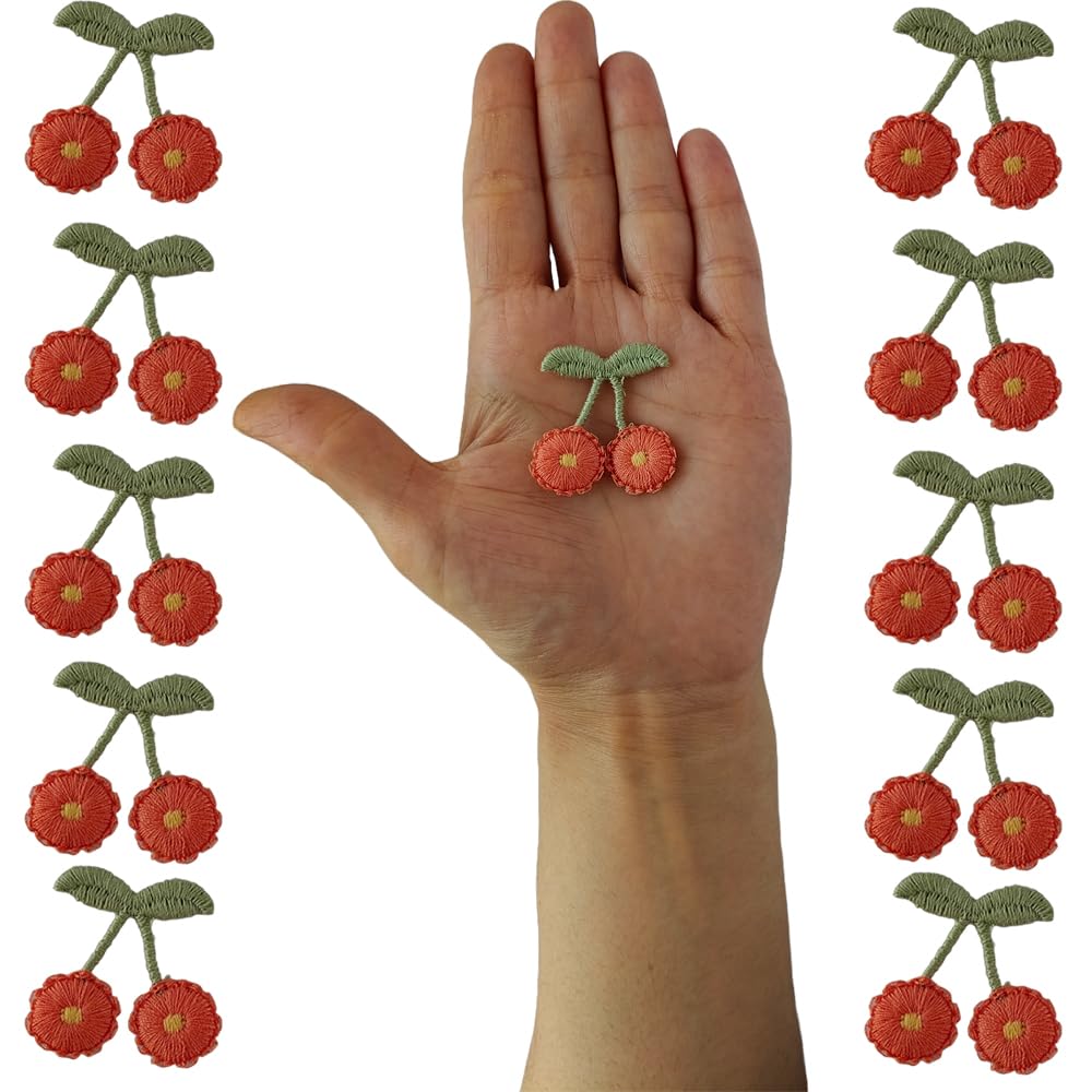 S.A.V.I Vibrant Cherry Embroidery Patch Set of 10 - DIY Sew-On Badges for Clothes, Jackets, Dresses, Blouses, Scarves, Hats, Bags, Jackets, Vests, Skirts, T-Shirts, Sweaters, Tank Tops (Red-orange)
