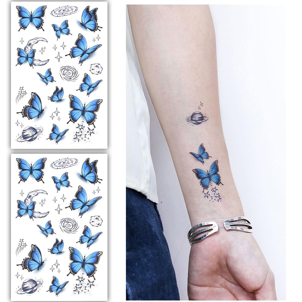 S.A.V.I 2 Sheets - Blue Butterfly Temporary Tattoos for Kids Adults, 12x7.5 cm Each - Waterproof, Easy Apply Remove - Ideal for Parties, Festivals, Crafts - Long-lasting Body Art Stickers
