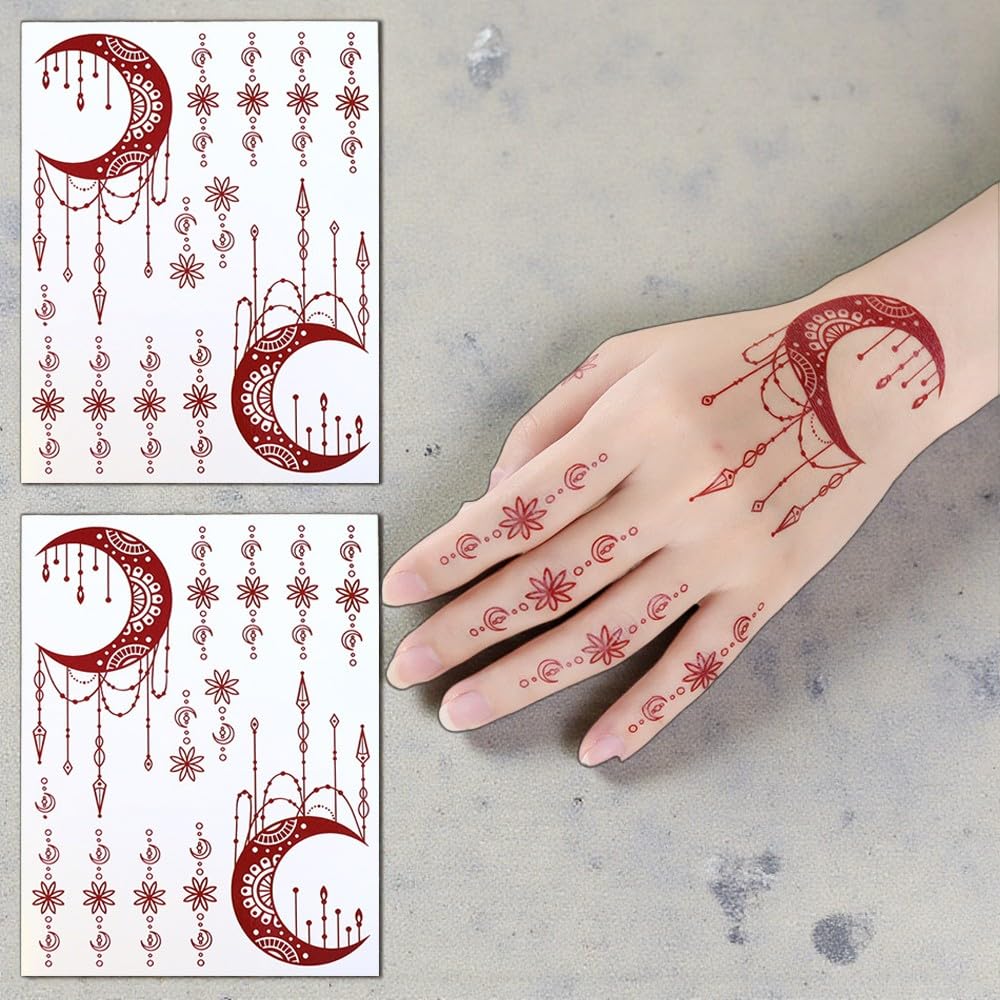 S.A.V.I 2Pcs Natural Islamic Henna Mehndi Temporary Tattoo Stickers for Women – Crescent Moon, Mosque & Mandala Design, Waterproof Skin-Safe Transfer Body Art for Eid, Nikah & Festivals (#57)