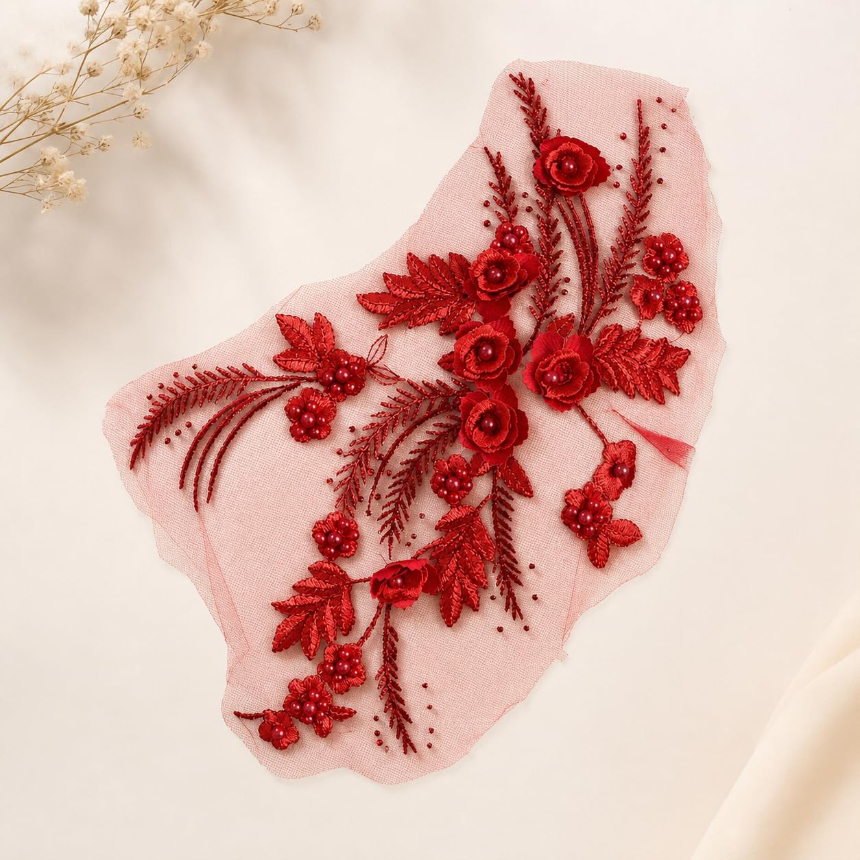 S.A.V.I Red Floral Embroidery Patch Sew-On Applique Kurti Blouse|3D Pearl Lace Motif 34x24 cm for Dresses, Gowns, Tops, DIY Craft & Custom Fashion