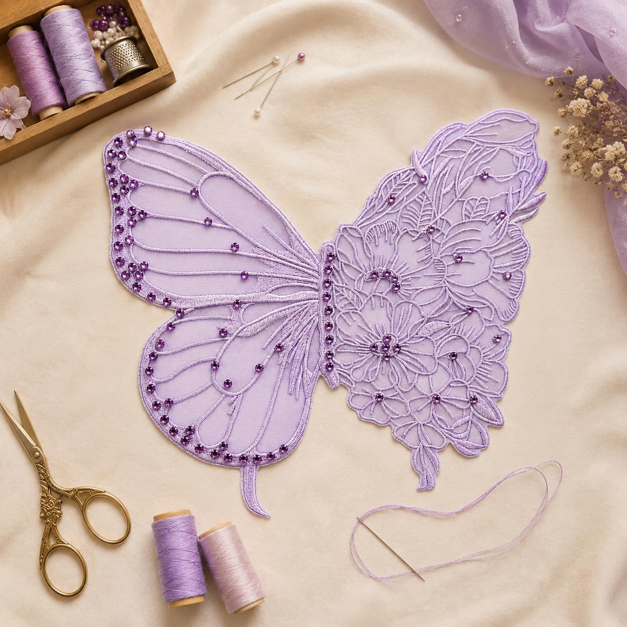 S.A.V.I Butterfly Embroidery Patch Sew-On Rhinestones Applique Purple Mesh|Ultra Thin 35x32 cm Floral Lace Design for Kaftan, Dress, Blouse & Tops, Lightweight Decorative Craft Embellishment for Women