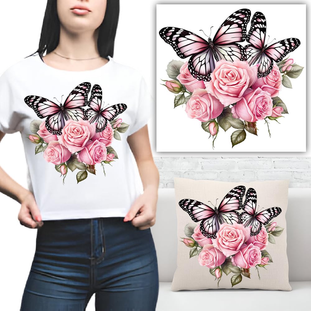 S.A.V.I Pink Butterfly Roses Iron-On Patch (8.5x7 Inch) | DIY Heat Transfer Applique for T-Shirts, Hoodies, Denim, Pillows, Bags | Washable Fabric Sticker for Clothes Backpacks - Easy, Durable Design