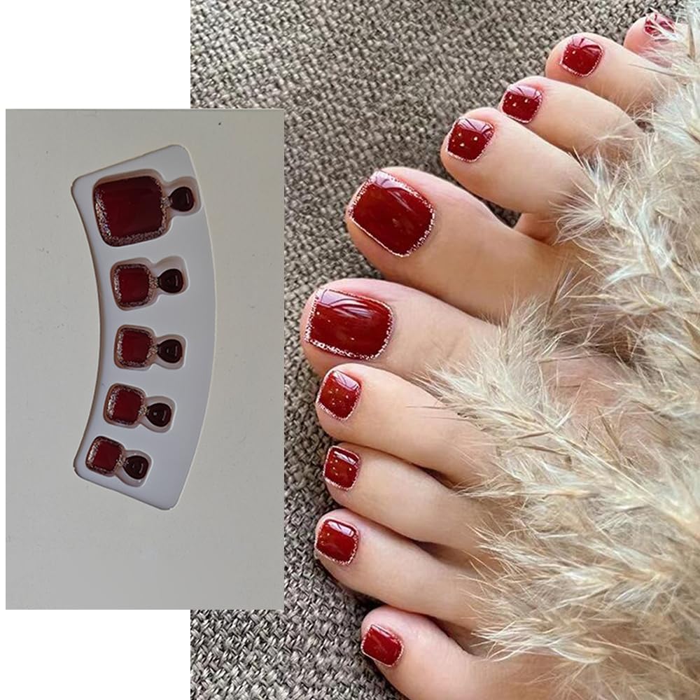 S.A.V.I 24 PCS Wine Red Glitter False Toe Nails Set | Easy-to-Apply DIY Nail Extensions for Pedicure | Long-Lasting Press-On Artificial Nails for Women | Trendy Elegant Stick-On Design