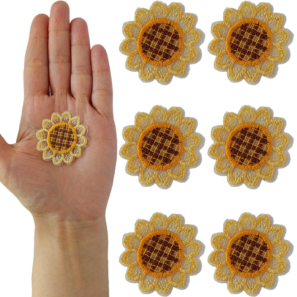 S.A.V.I Non-Adhesive Sunflower Sew-on Embroidered Appliqué Patch Pack of 6, Lightweight 0.4g, Perfect for DIY Embroidery on Clothes, Hats, Bags, Jackets, Craft Projects, Sweater, Jeans (Yellow)