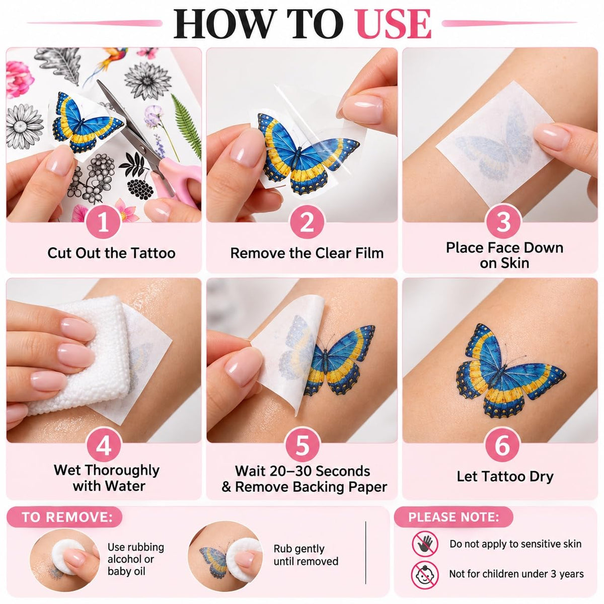 S.A.V.I 3 Temporary Tattoo Stickers Butterfly Floral Body Art