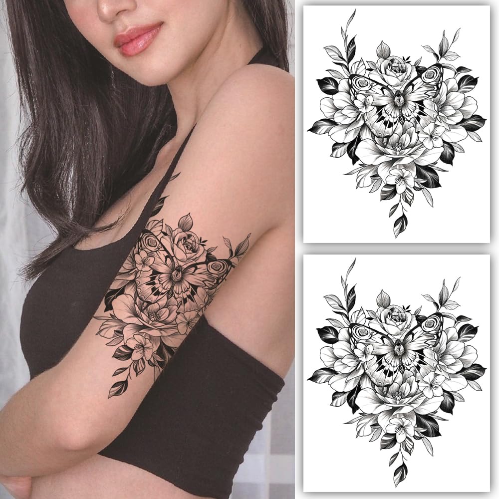 S.A.V.I 2PCS Butterfly Floral Tattoo Stickers - 22x15 cm, Waterproof Temporary Tattoos for Men Women