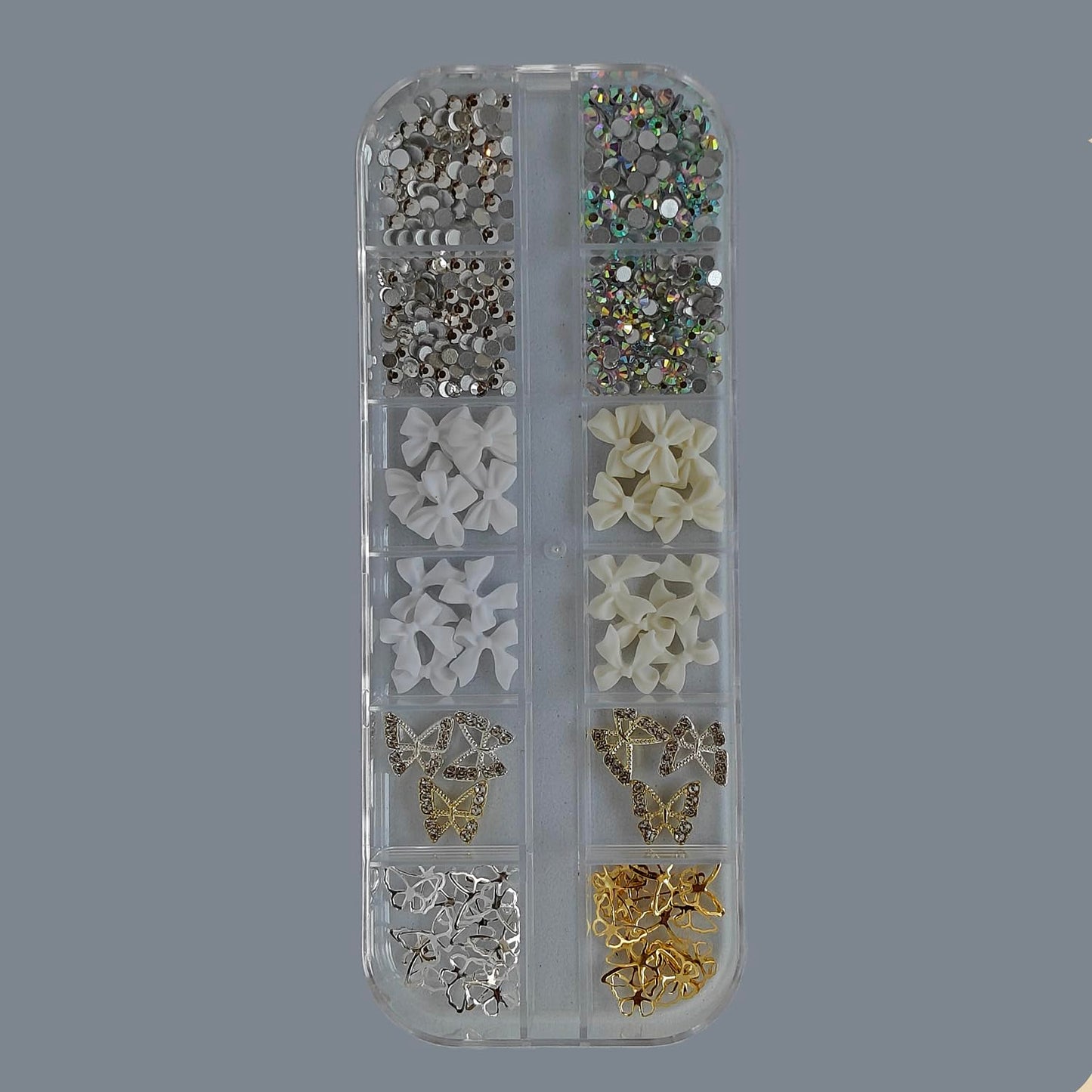 S.A.V.I 3D Nail Art Decoration Kit – 12 Section Box with White & AB Crystal Rhinestones, Bow Butterfly Designs, Flat-Back Glass Alloy Resin DIY Accessories, 31g