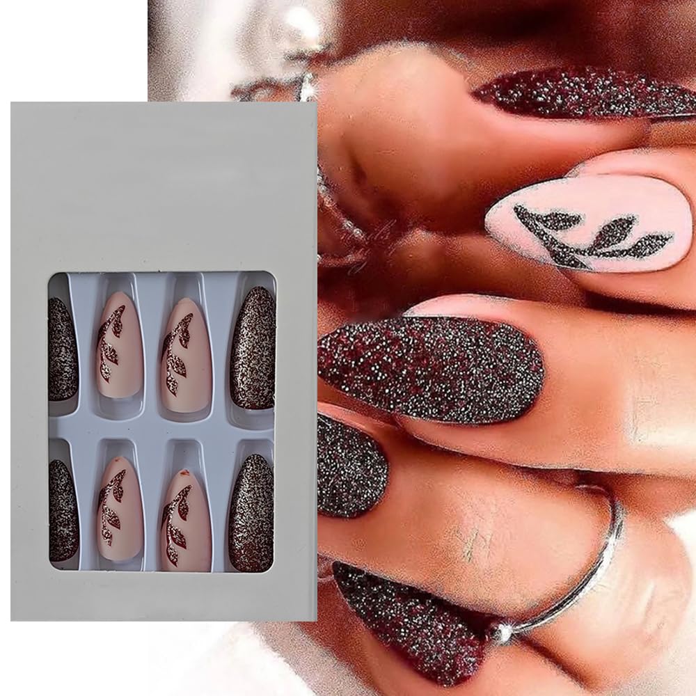 S.A.V.I 24 PCs Long Almond Shape Nude and Glitter Leaf Motif Press-on Fake Nails | DIY Manicure Set | Easy Application Removal | Durable Reusable | Salon-Quality Finish | For All Occasions