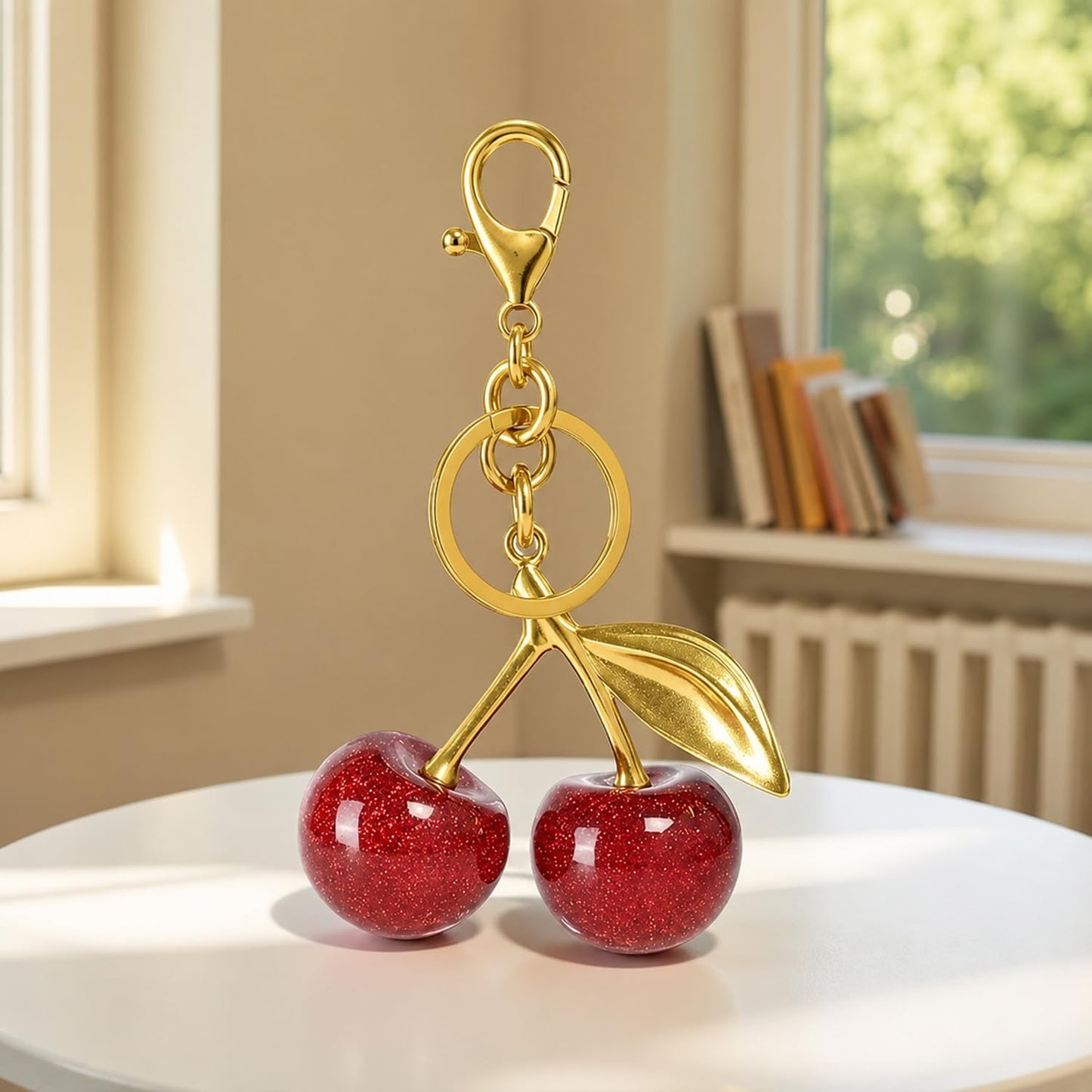 S.A.V.I Cherry Keychain for Women & Girls, Glitter Resin Gold Alloy Charm, Cute Bag Accessory, Purse Pendant, 13 x 7 cm Decorative Key Ring, Red Sparkle Finish, Durable Gift for Handbags & Backpacks