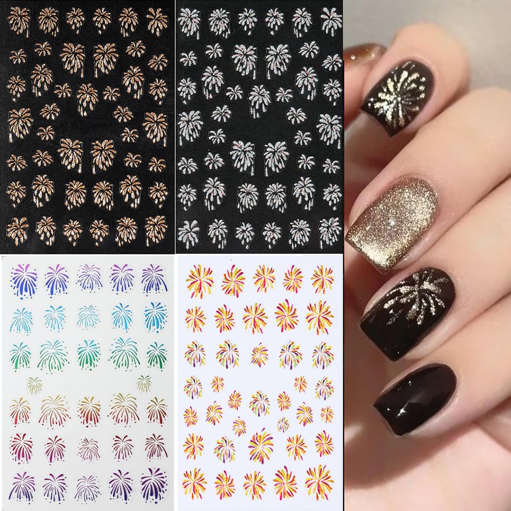 S.A.V.I 4 Pcs 3D Laser Fireworks Nail Stickers – Colorful Flame Nail Art Stickers, Self-Adhesive Long-Lasting – Easy to Apply Remove – Salon Quality DIY Decoration for All Occasions
