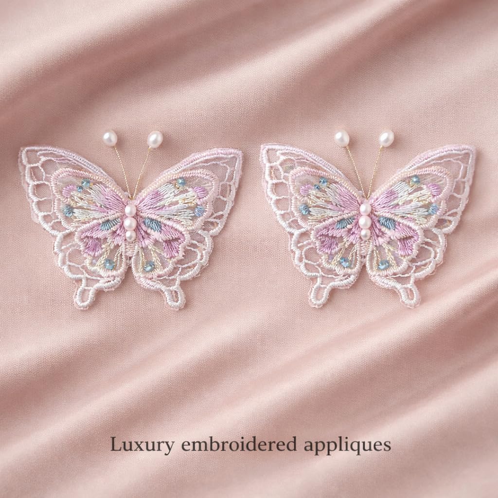 S.A.V.I White & Purple Butterfly Embroidered Sew-On Appliqué Patch Pair 6.5 x 6 cm | Pearl Beaded Lace Fabric Motifs for Dresses, Blouses, Sarees & DIY Craft Decor (Purple)