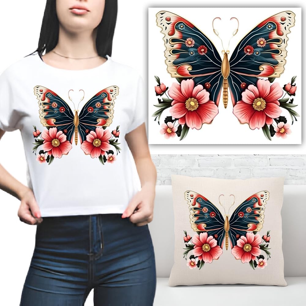 S.A.V.I Colorful Butterfly Floral Iron-On Patch, 8x8.5 Inch, for T-Shirts, Hoodies, Jeans, Backpacks – Heat Transfer Applique, Washable Durable DIY Sticker for Custom Clothing, Pillow Décor