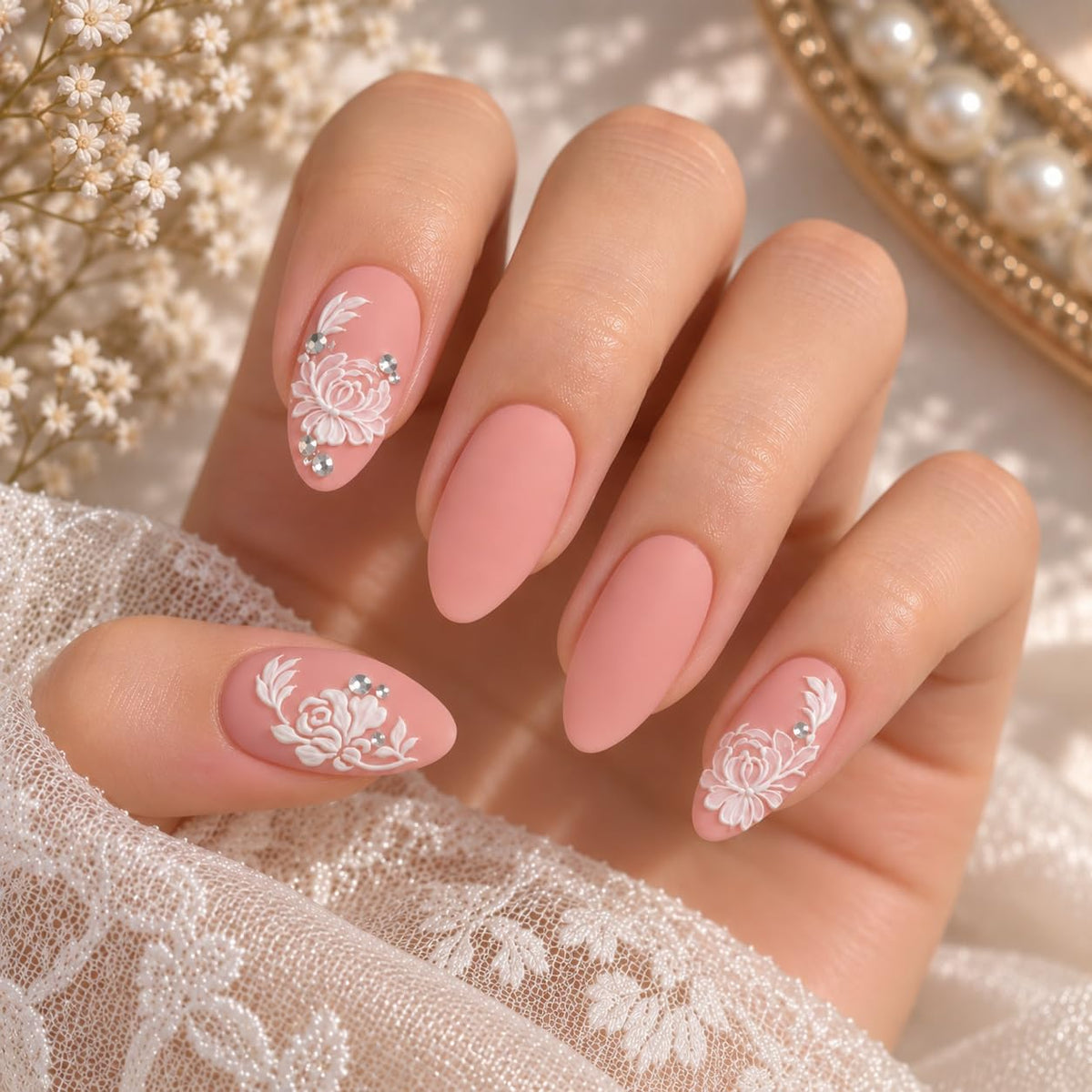 S.A.V.I 3D Floral Nail Art Stickers Self Adhesive Decals 6x8 cm | White & Pink Rose Designs, DIY Application, Bridal & Party Looks, 1 Sheet, For Women