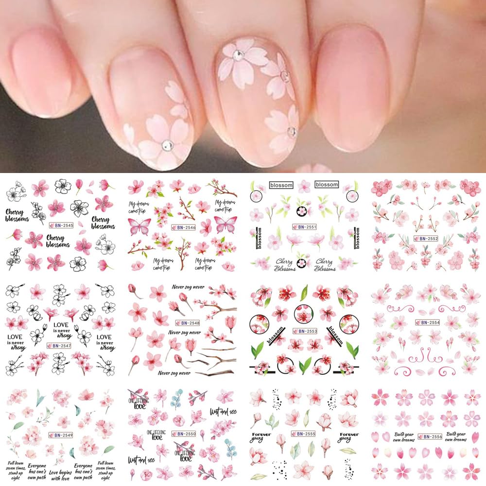 S.A.V.I 12 Sheets Cherry Blossom Nail Art Decals | Floral Butterfly Design Stickers | Easy-to-Use, Long-Lasting DIY Manicure | Salon Quality Nail Accessories for All