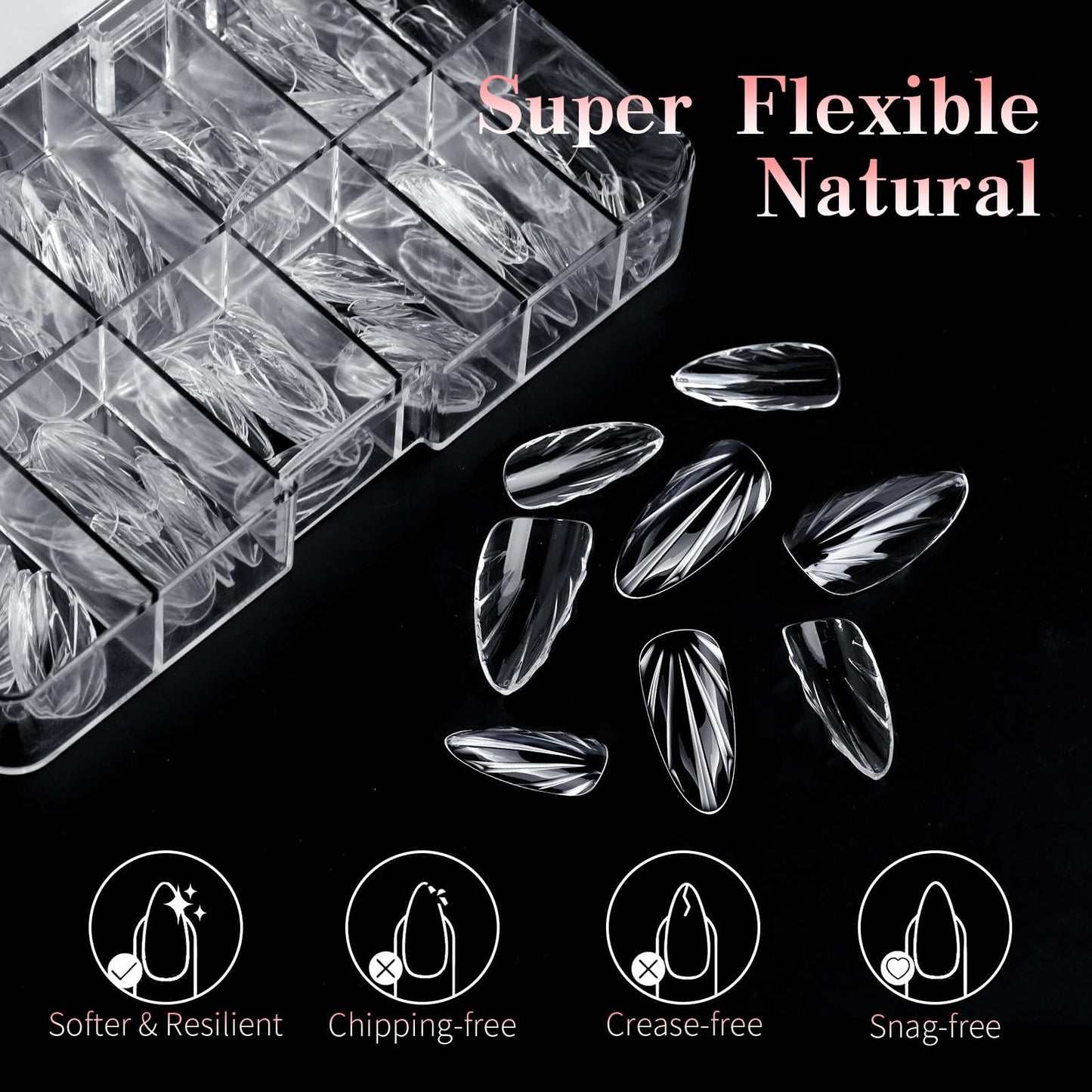 S.A.V.I Clear 3D Mermaid Shell Short Almond False Nails 140 Pcs | 12 Sizes Included, Flexible ABS Material, Natural Fit, Reusable DIY Manicure, Salon Finish