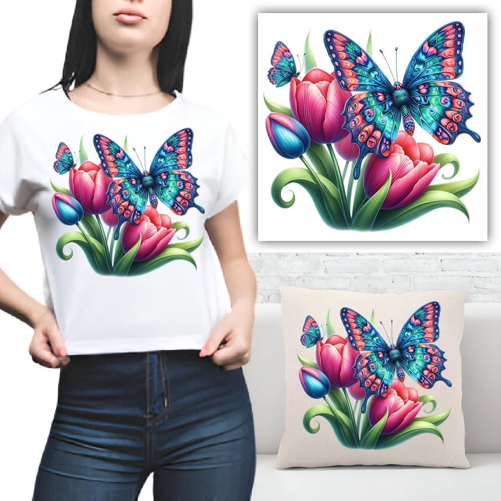S.A.V.I Vibrant Butterfly Tulip Iron-On Heat Transfer Patch | 8.5x7.5 Inch Washable Applique for DIY T-Shirts, Hoodies, Pillows, Clothing, Backpacks Home Décor | No-Steam Easy Application