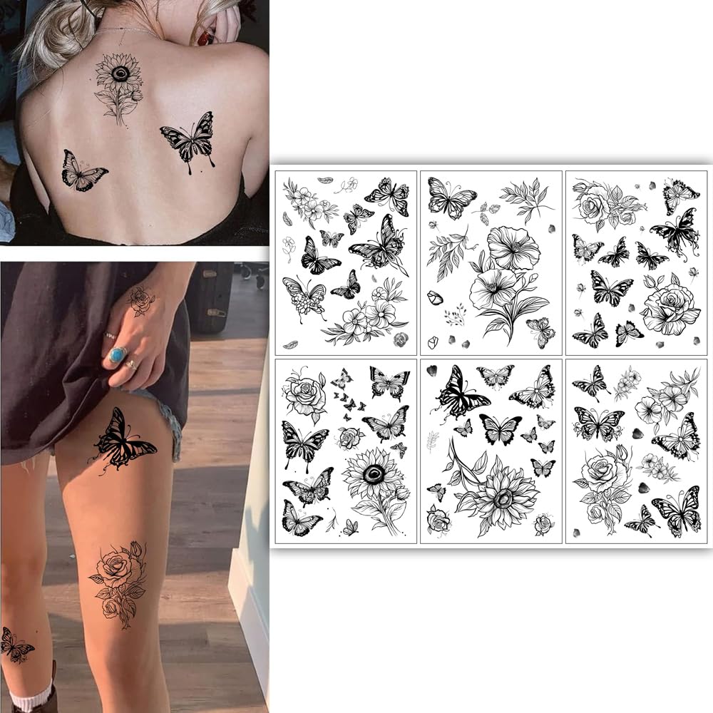 S.A.V.I 6 Pcs Butterfly Floral Temporary Tattoo Sheets for Women - Black Waterproof Long-Lasting Body Art - Stylish Tattoo Stickers for Arms, Legs, Back - Easy to Apply Remove - Trendy for All Occasions