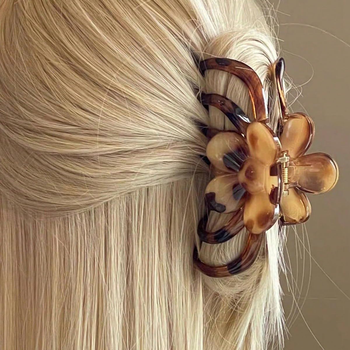 S.A.V.I Large Tortoiseshell Flower Hair Claw Clip for Women & Girls, 13 cm Acrylic Strong Grip Jaw Clip, Brown Animal Print Non-Slip Hair Clutcher for Thick Long Hair Styling
