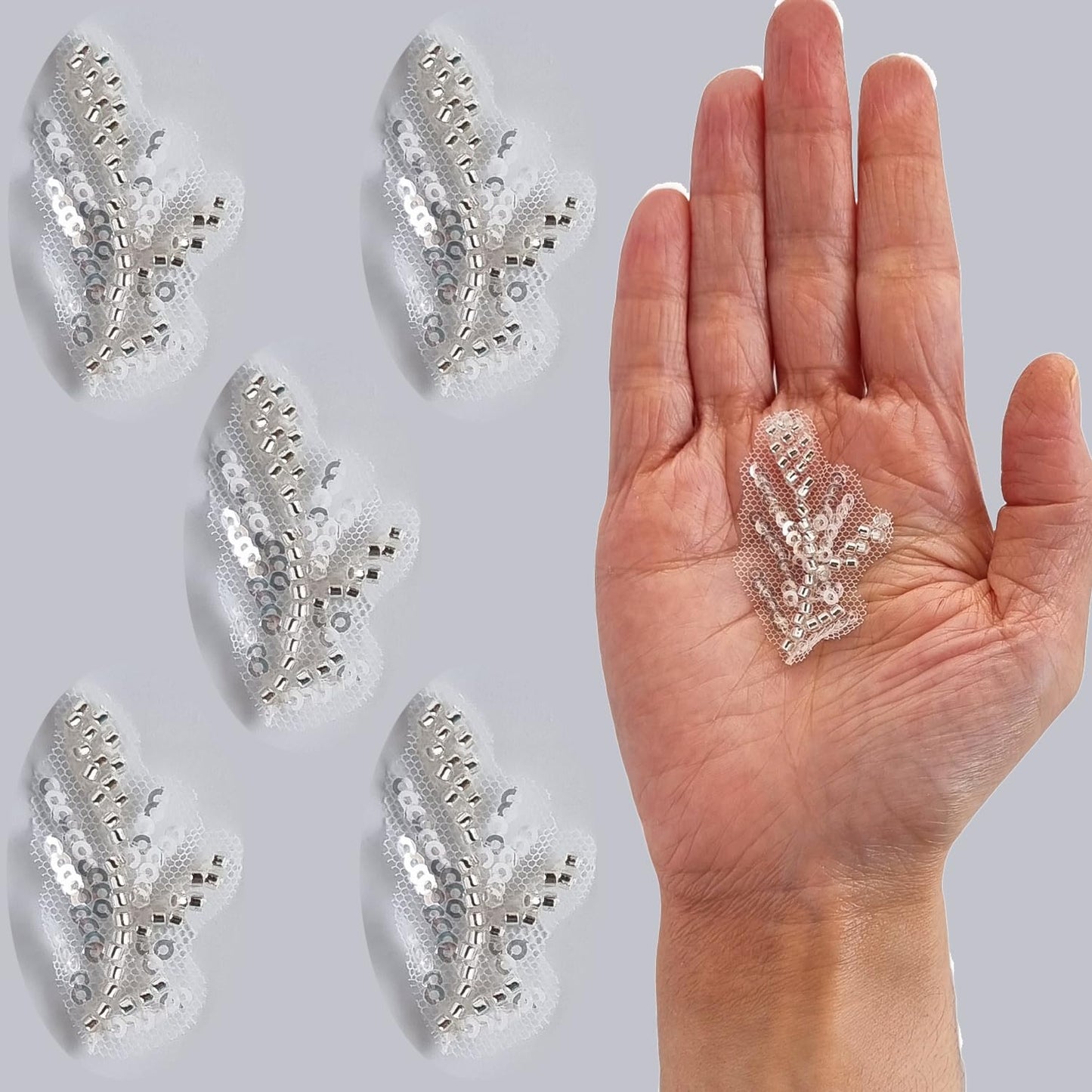 S.A.V.I 5PCs 3D Silver Sequin Bead Embroidered Leaf Applique Patches | White Mesh Lace Fabric for DIY Dresses, Bridal Wear, Lehenga, Saree, Blouse, Gown Craft Sewing Accessory (2x0.8 inch)