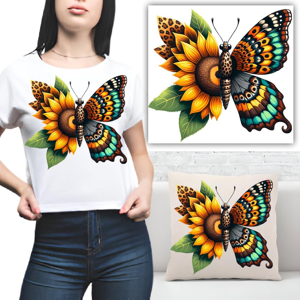 S.A.V.I Butterfly Sunflower Heat Transfer Sticker 8.5x7 Inch | Washable DIY Iron-On Applique Patch for T-Shirts, Hoodies, Jeans, Backpacks, Pillows | Vibrant Multicolor | Durable Easy to Apply