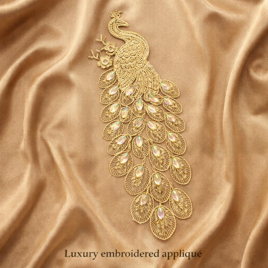 S.A.V.I Gold Peacock Embroidered Sew-On Appliqué Patch 14 x 30 cm | Zari Thread, Beads & Stone Designer Motif for Blouse, Kurti, Gown & Saree