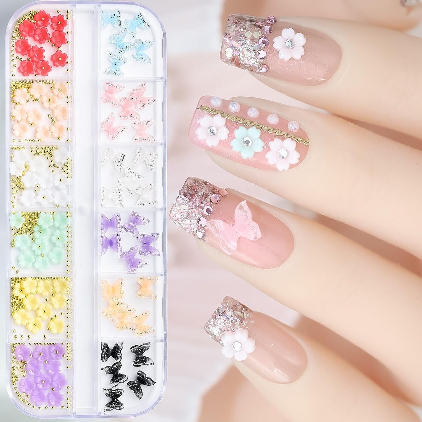 S.A.V.I 3D Nail Art Kit - 12 Grids Butterfly Flowers Metal Balls - DIY Manicure