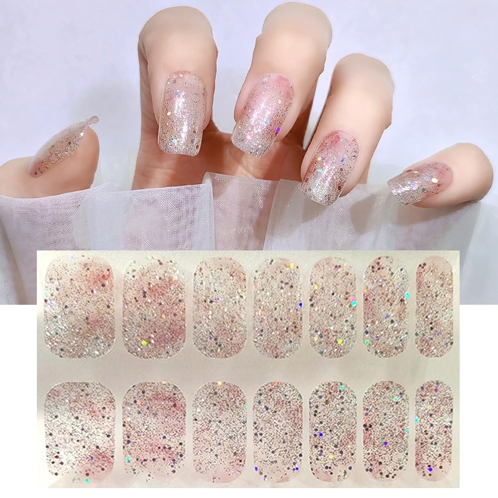 S.A.V.I Nail Stickers 14 PCS - Pink Silver Glitter Ombre Gel Effect, Self-Adhesive, Easy Application
