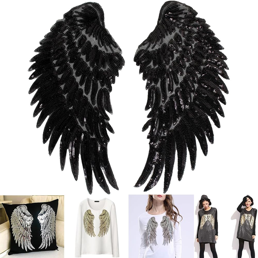 S.A.V.I 1 Pair Large Sequin Angel Wings Iron-On Patch | DIY Applique for T-Shirts, Jeans, Backpacks, Pillows | Washable Heat Transfer Sticker | Fashion Craft Projects (Black)