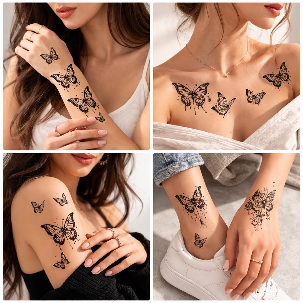 S.A.V.I Black Butterfly Temporary Tattoo Stickers for Women & Girls – 10 Sheets (12x6.8 cm) Floral Flying Design, Waterproof, Non-Toxic Safe Body Art for Hand, Arm, Shoulder & Ankle – Realistic Fine Line (#324)