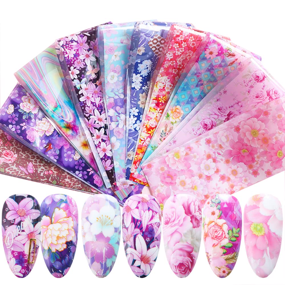 S.A.V.I 10 Sheets Flowers Nail Foil Transfer Sticker DIY Holographic Colorful Nail Decoration