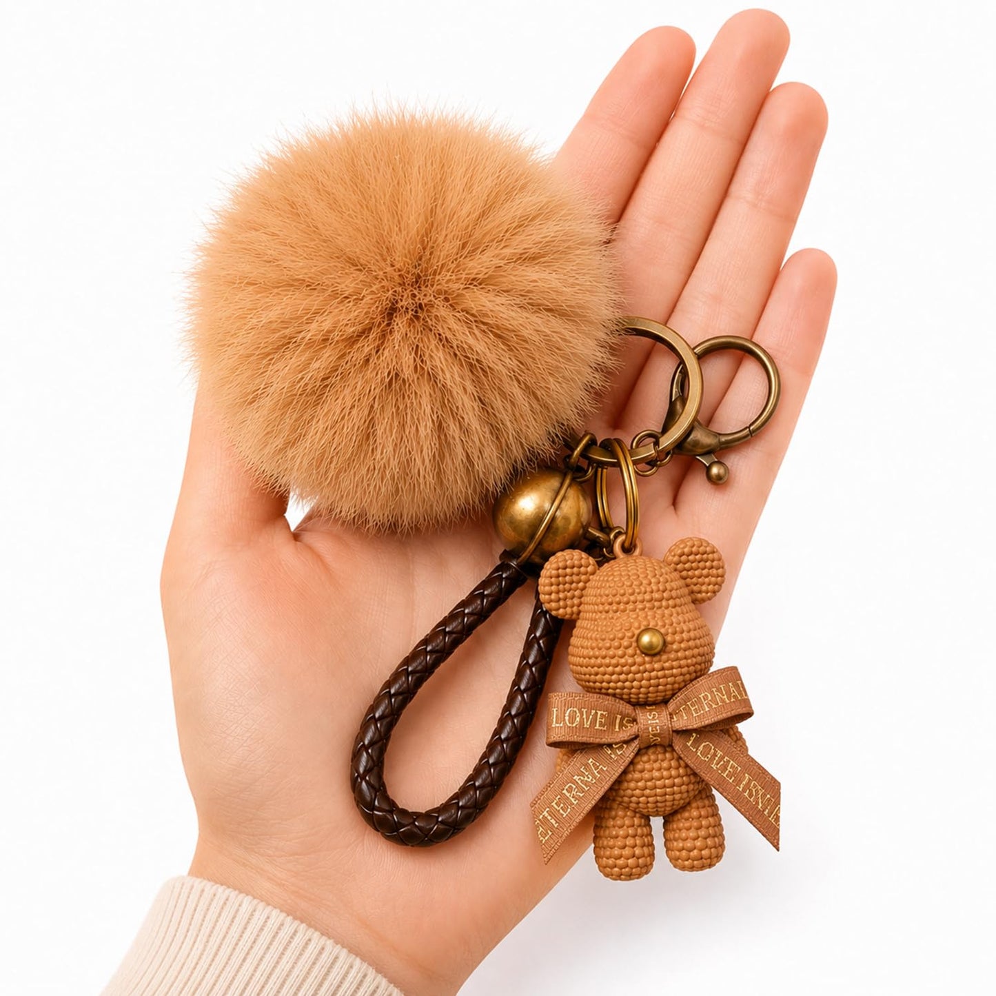 S.A.V.I Teddy Bear Pom Pom Keychain for Women, Faux Fur Bag Charm, Brown, Light Brown | 13.5 cm | Soft Fluffy Plush, Braided Strap, Bell Charm, Secure Clasp, Handbag & Backpack Accessory