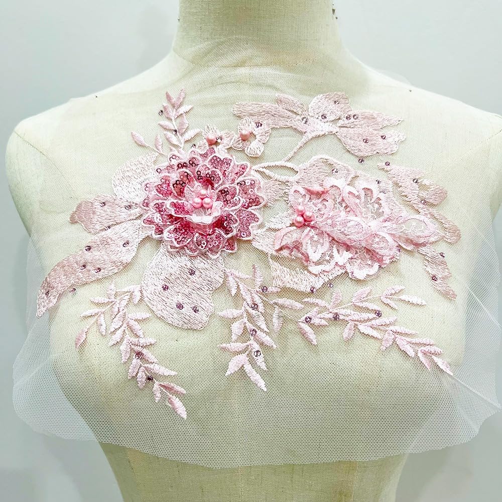 S.A.V.I 3D Pink Floral Embroidered Applique Patch | Sequins Pearl Beaded Mesh Lace Fabric | 9.8x7.8 in | DIY Sewing for Bridal, Saree, Lehenga, Gown, Blouse, Dupatta, Ethnic Wear Craft Projects (Pink)