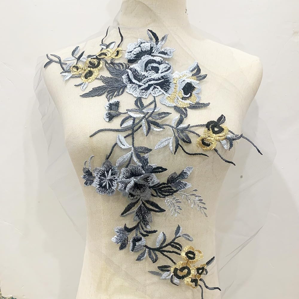S.A.V.I 3D Embroidered Applique Patch – Black, Grey Gold Floral Lace (19.6x8.2 in) | Sew-On Mesh Fabric for DIY Bridal Wear, Lehenga, Saree, Gown, Blouse, Ethnic Craft Sewing Accessory