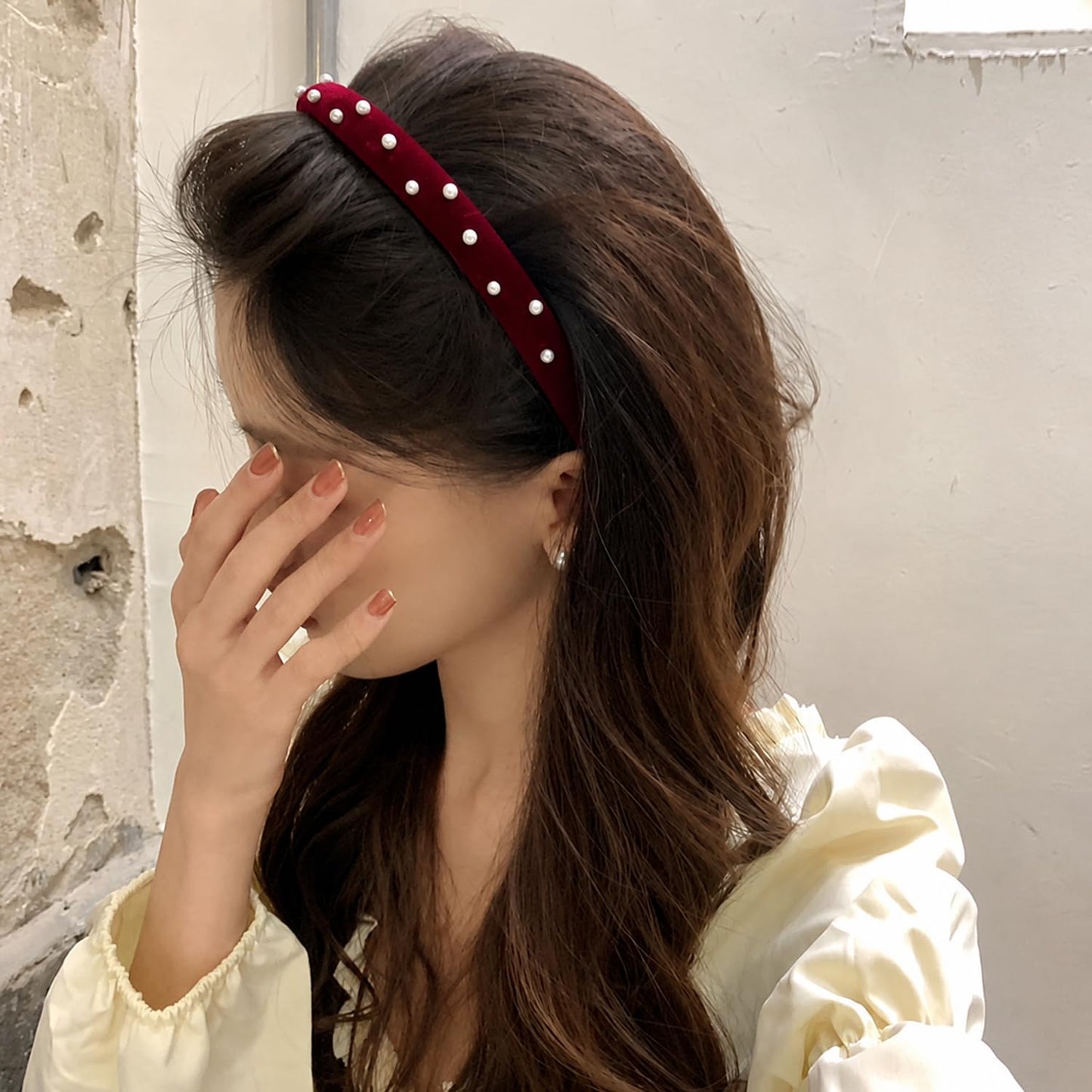 S.A.V.I Velvet Pearl Hairband for Women Wine Red, 16x14 cm, Soft Fabric Finish, Lightweight Wide Headband for Girls, Casual, Party & Wedding, Comfortable All-Day Fit