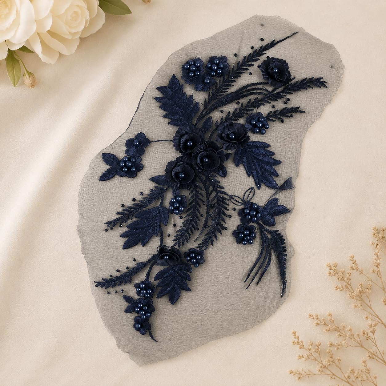 S.A.V.I Floral Embroidery Patch Sew-On Applique, Navy Blue|34 x 25 cm Lace Motif with 3D Pearls for Kurtis, Dresses, Blouses, DIY Craft & Garment Customization