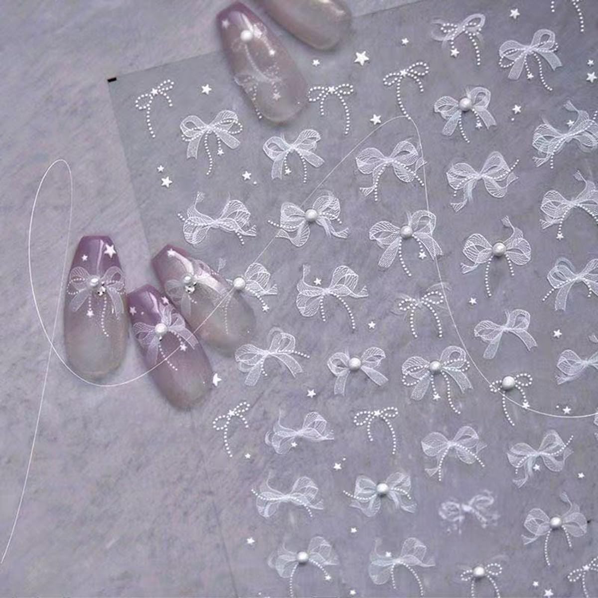S.A.V.I 2 Sheets - 3D White Bow Nail Art Stickers with Pearl & Rhinestone | Self-Adhesive Lace Design | Transparent Sheet | Long-Lasting Nail Decoration for Women & Girls