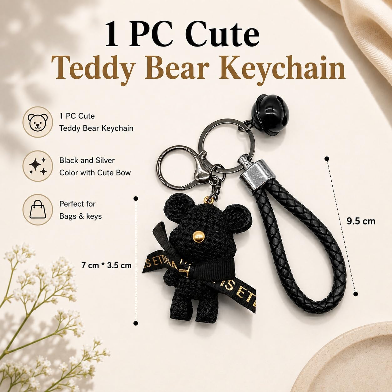S.A.V.I Teddy Bear Keychain Black Bag Charm for Women & Girls | Braided Wrist Strap, Resin Figurine, Bell Pendant, 7 x 3.5 cm Size, 9.5 cm Loop