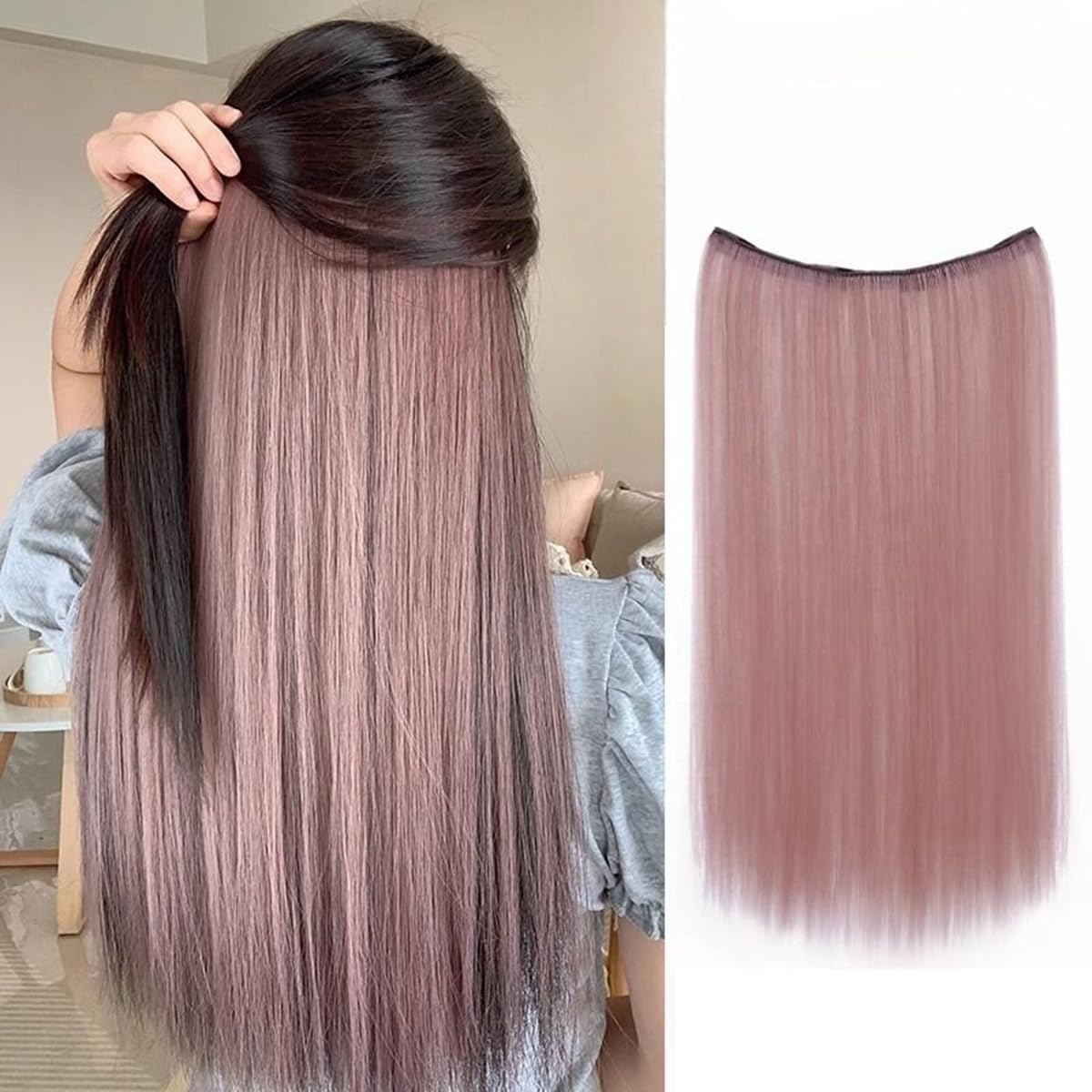 S.A.V.I Dirty Pink Clip-In Hair Extension 60 cm | Synthetic Silk Fiber Hair Patch for Women | Invisible 4-Clip One Piece | Seamless Straight Layered Highlight Streaks | Instant Volume & Length