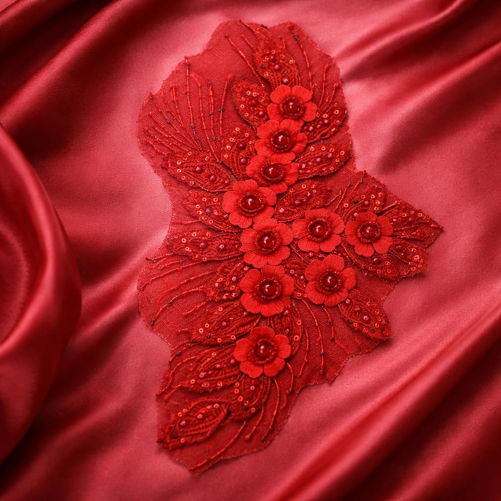 S.A.V.I 3D Red Floral Embroidered Appliqué Patch 29.9x38.8 cm | Leaf-Shaped Net Fabric with Beads & Sequins | Designer Motif for Saree Blouse, Gown, Lehenga & Sewing Crafts (Red)