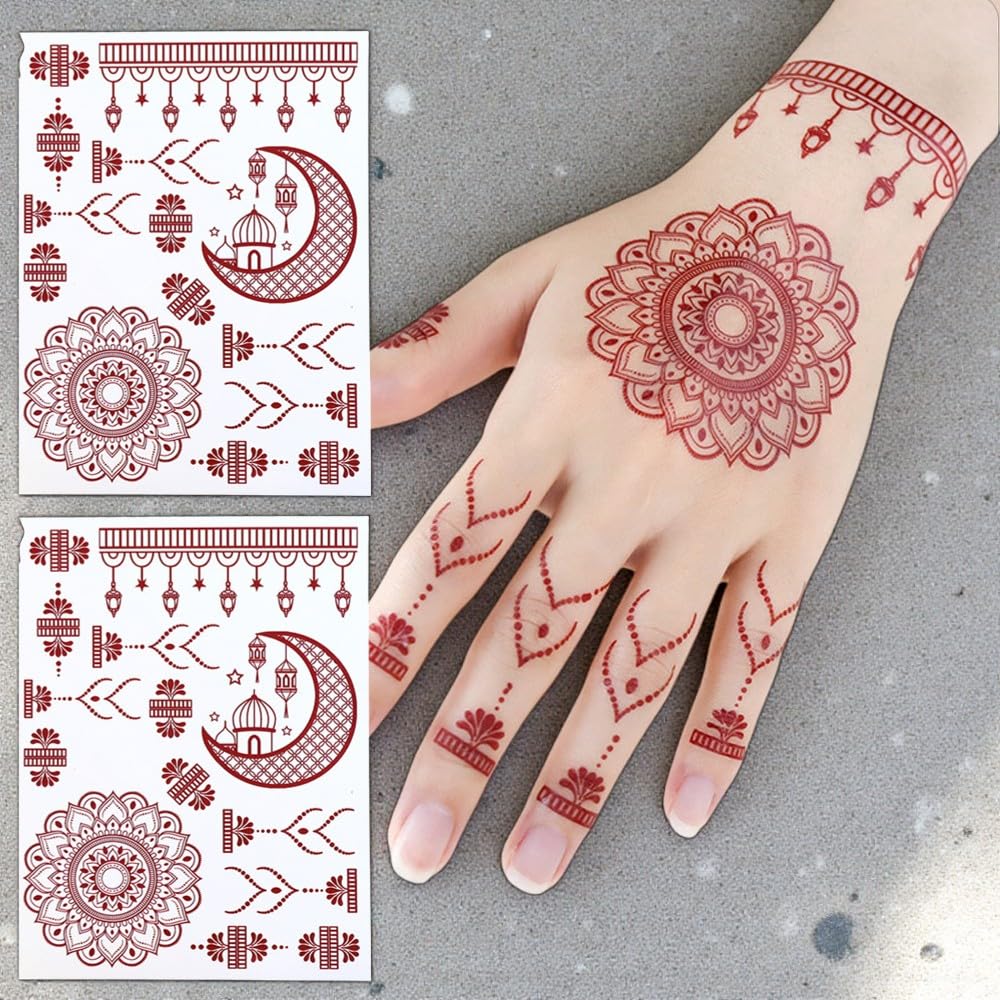 S.A.V.I 2Pcs Natural Islamic Henna Mehndi Temporary Tattoo Stickers for Women – Crescent Moon, Mosque & Mandala Design, Waterproof Skin-Safe Transfer Body Art for Eid, Nikah & Festivals (#54)