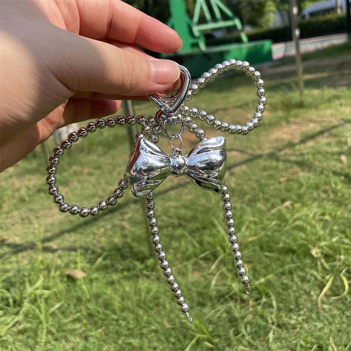 S.A.V.I Silver Bow Keychain with Beaded Chain for Bags and Keys, Set of 2, 17.5 x 6 cm Size, Heart Clasp, Chrome Finish, Big Bead Chain, Bag Charm