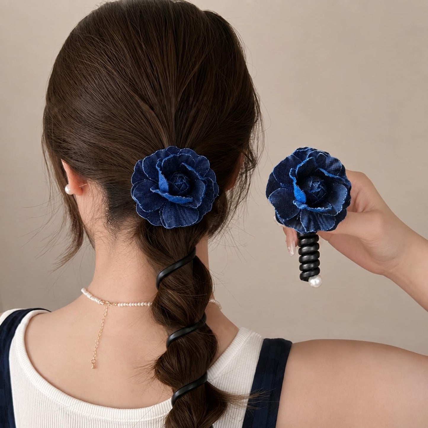 S.A.V.I Denim Flower Spiral Hair Tie for Women Dark Blue, Floral Elastic Pony Holder, 9 cm Accessory for Casual & Party, Comfortable