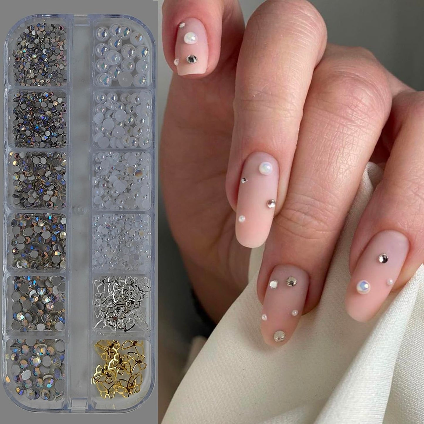 S.A.V.I DIY Nail Art Rhinestone & Pearl Decoration Kit – AB Crystal Glass Flat Back Stones, White Pearls, Gold & Silver Butterfly Charms with 12 Section Storage Box for Gel Acrylic Nails