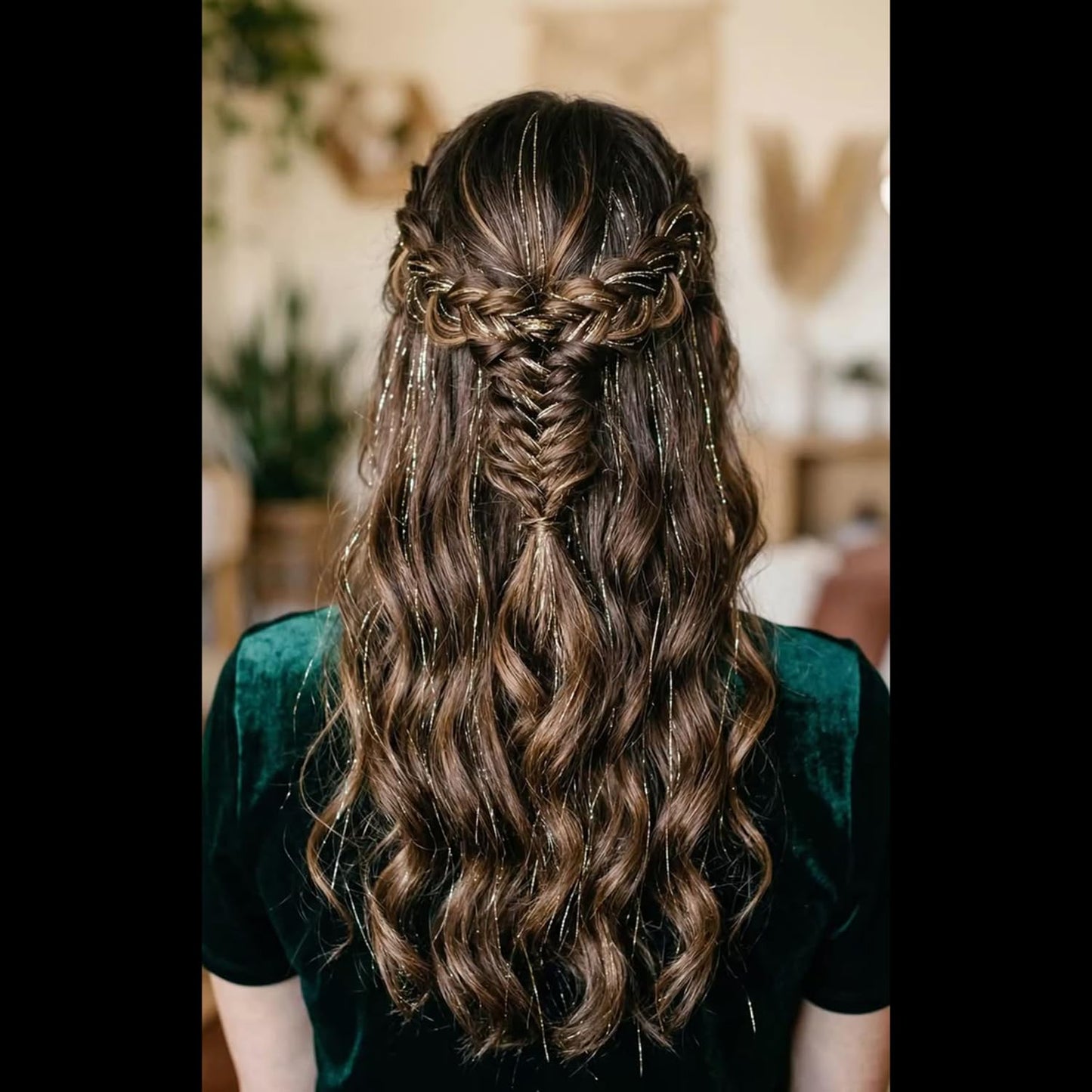 S.A.V.I Gold Clip-In Hair Tinsel Extensions 12 Pcs, 50cm Glitter Fairy Hair Strands, Reusable Synthetic Shimmer Highlights, Metallic Sparkle Hair Accessory for Women, Girls & Party Styling