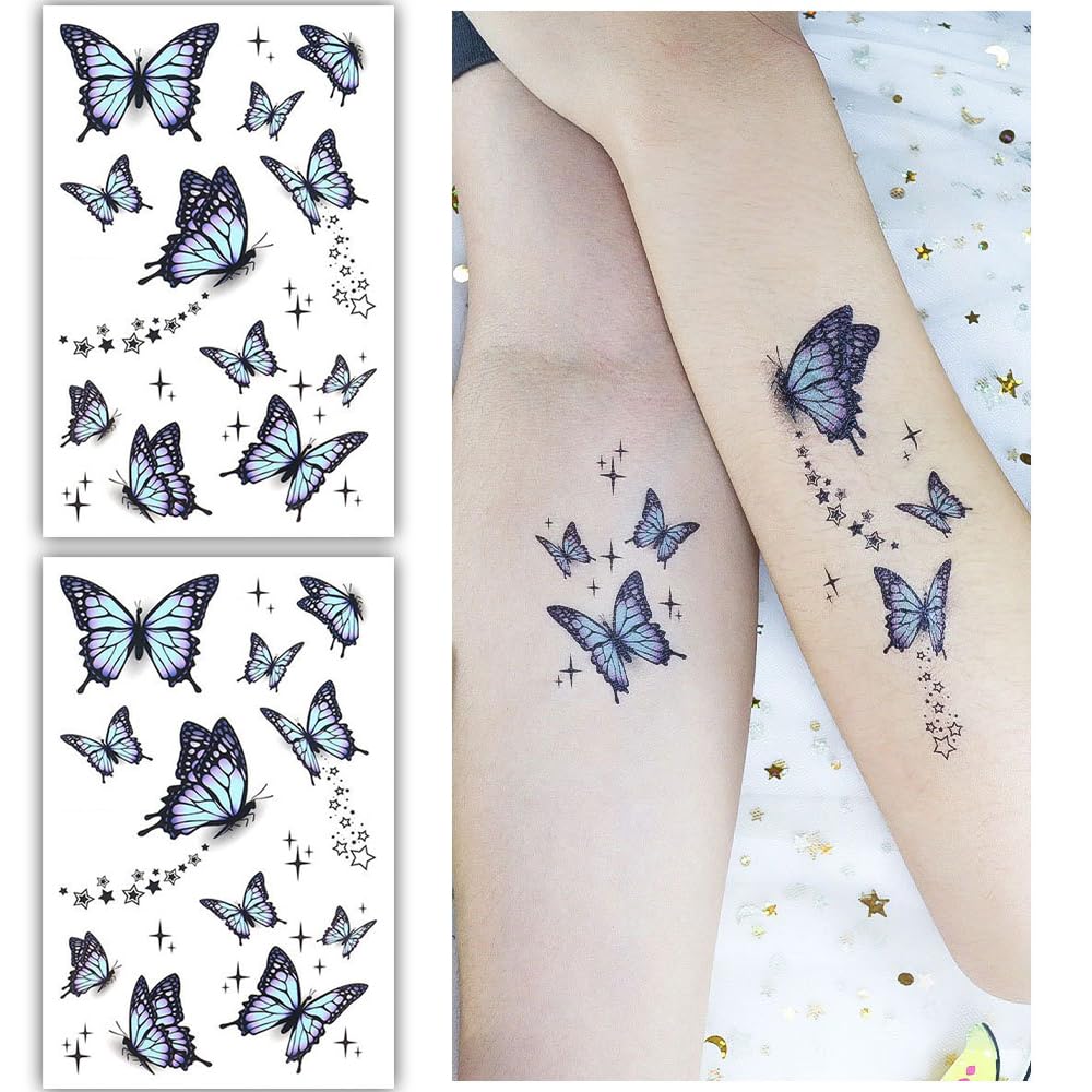 S.A.V.I 2 Sheets - Butterfly Temporary Tattoos for Kids Adults 12x7.5 cm, Waterproof Long-lasting, Easy Apply/Remove - Perfect for Parties, Festivals, Gifts - Body Art Stickers
